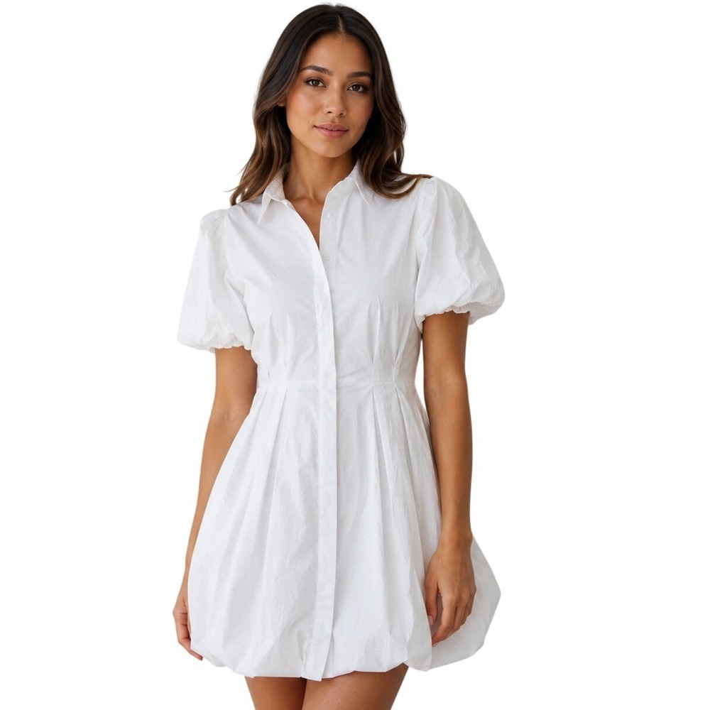 Mulla Bubble Hem Mini Baby Doll Shirt Dress White L Puff Sleeve LWD Coquette